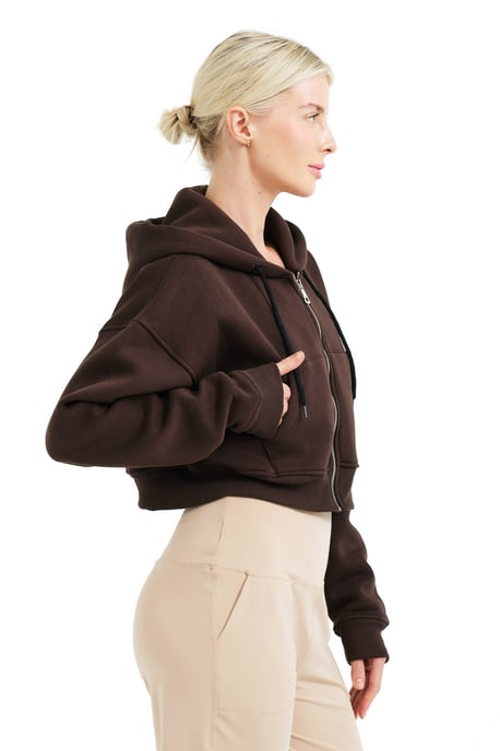 JUSTEVER Crop Hooded Zippered Kangaroo Pocket Raised Hoodie Bitter Coffee Damtröja - Lumen - Image 3