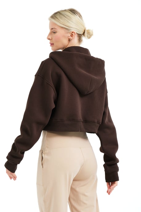 JUSTEVER Crop Hooded Zippered Kangaroo Pocket Raised Hoodie Bitter Coffee Damtröja - Lumen - Image 4