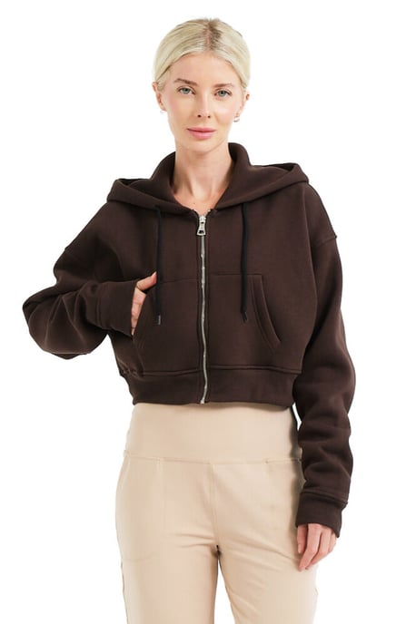 JUSTEVER Crop Hooded Zippered Kangaroo Pocket Raised Hoodie Bitter Coffee Damtröja - Lumen - Image 5