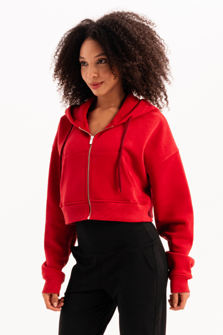 Crop Hooded Zippered Kangaroo Pocket Raised Hoodie Red Women's Sweatshirt - Lumen - Image 2