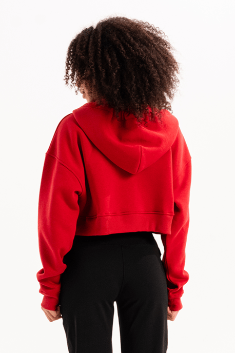 Crop Hooded Zippered Kangaroo Pocket Raised Hoodie Red Women's Sweatshirt - Lumen - Image 3