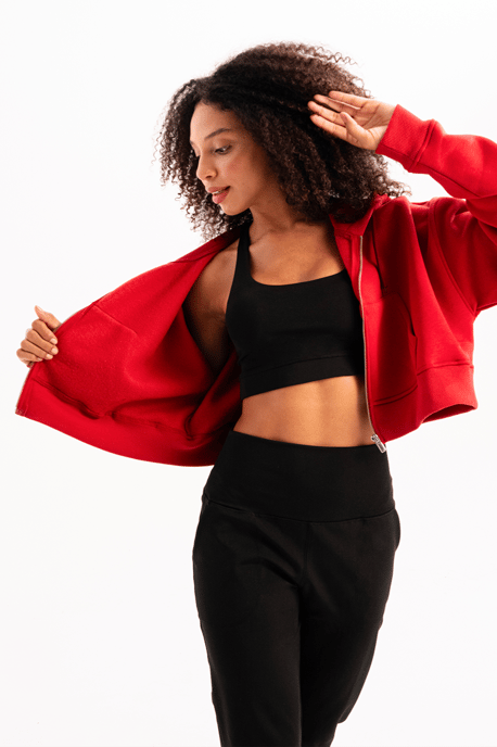 Crop Hooded Zippered Kangaroo Pocket Raised Hoodie Red Women's Sweatshirt - Lumen - Image 4