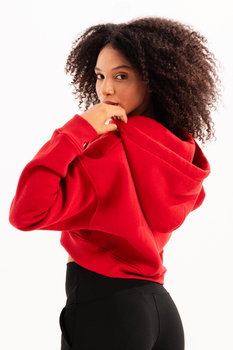 Crop Hooded Zippered Kangaroo Pocket Raised Hoodie Red Women's Sweatshirt - Lumen - Image 5