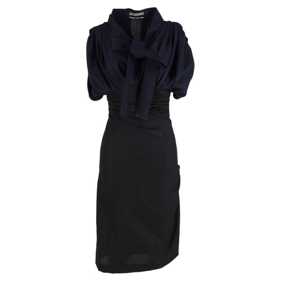 Jacquemus La Robe Madame Ribbon Detail Midi Dress in Navy Blue Wool - Image 1