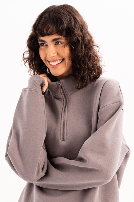 JUSTEVER Oversize Fit Stand Collar Halv Dragkedja Upphöjd Grå Damtröja - Cass - Image 5