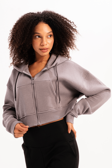 JUSTEVER Crop Hooded Zippered Kangaroo Pocket Raised Hoodie Grå Damtröja - Lumen - Image 1