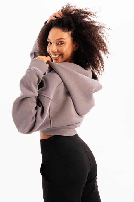 JUSTEVER Crop Hooded Zippered Kangaroo Pocket Raised Hoodie Grå Damtröja - Lumen - Image 2