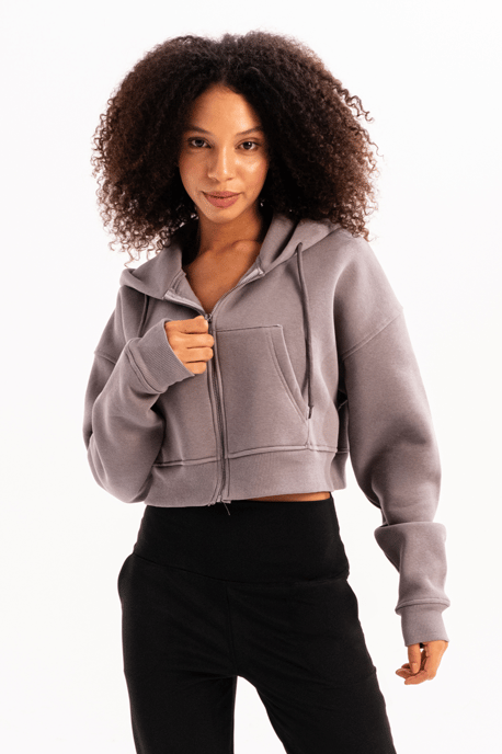 JUSTEVER Crop Hooded Zippered Kangaroo Pocket Raised Hoodie Grå Damtröja - Lumen - Image 5