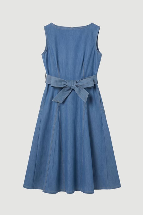 Denim Belted Full Skirt Tailored Dress - Image 2
