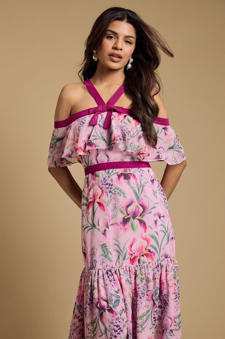 Petite Bow Detail Halter Neck Bardot Dress - Image 2