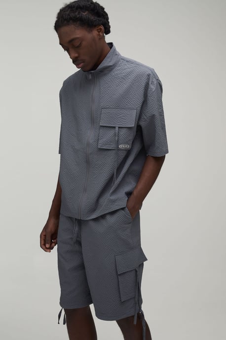 Oversized Funnel Neck Textured Ripstop Cargo Shirt & Longline Short Set - Image 1