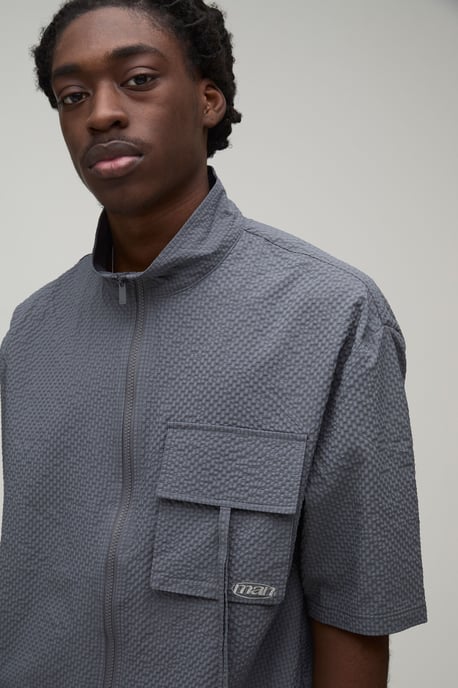 Oversized Funnel Neck Textured Ripstop Cargo Shirt & Longline Short Set - Image 3