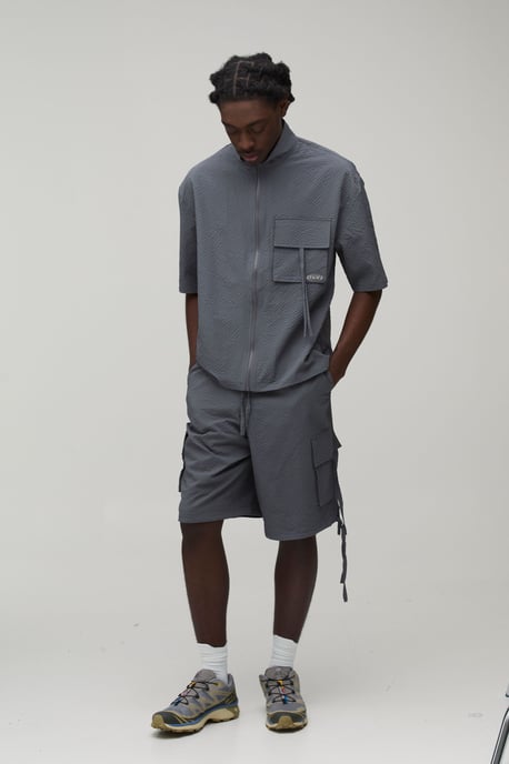 Oversized Funnel Neck Textured Ripstop Cargo Shirt & Longline Short Set - Image 4