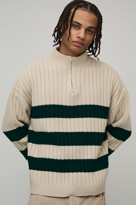 Relaxed Boxy Ribbed Knitted 1/4 Zip Jumper - Image 1