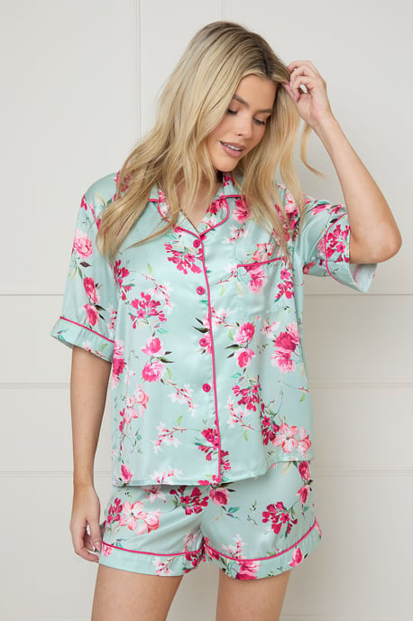 Sage Floral Satin Printed Short Nightwear set - Image 1