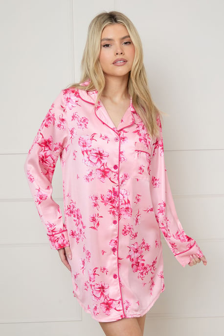 Pink Floral Long Sleeve Printed Satin Nightie - Image 2