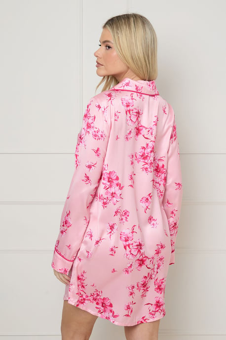 Pink Floral Long Sleeve Printed Satin Nightie - Image 3