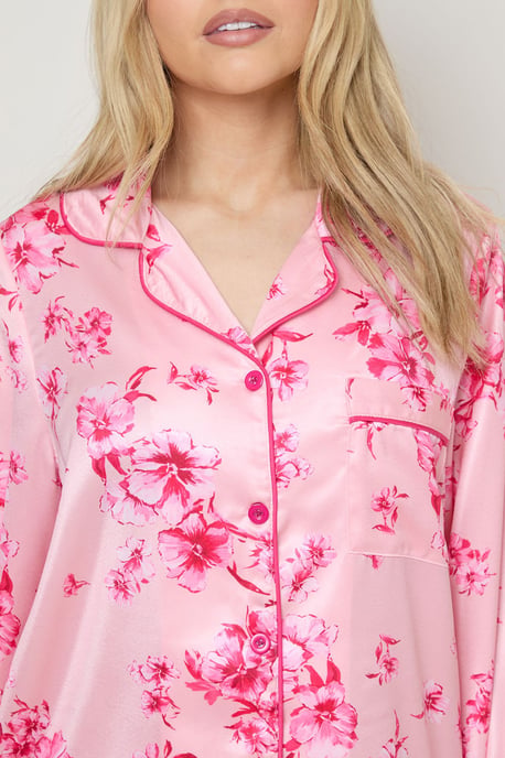 Pink Floral Long Sleeve Printed Satin Nightie - Image 5