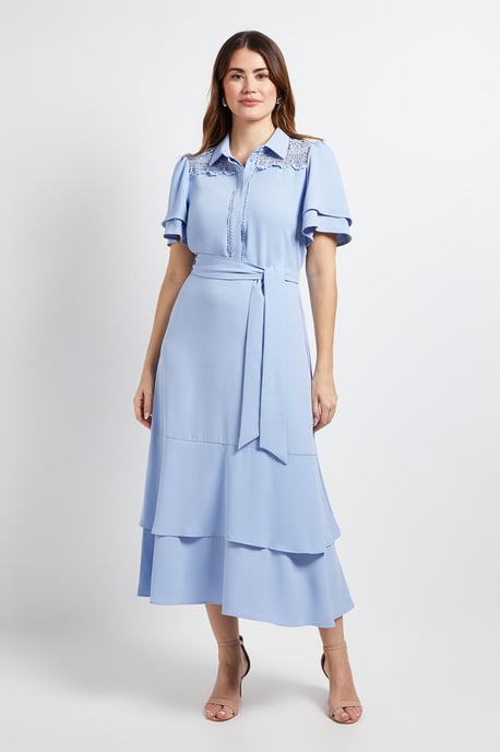 Lace Insert Ruffle Sleeve Midi Dress - Image 1