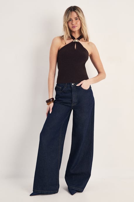 Knitted Fine Gauge Metal Trim Halterneck Top - Image 2
