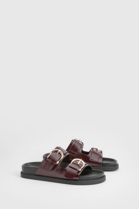 Double Strap Gold Buckle Detail PU Sliders - Image 2