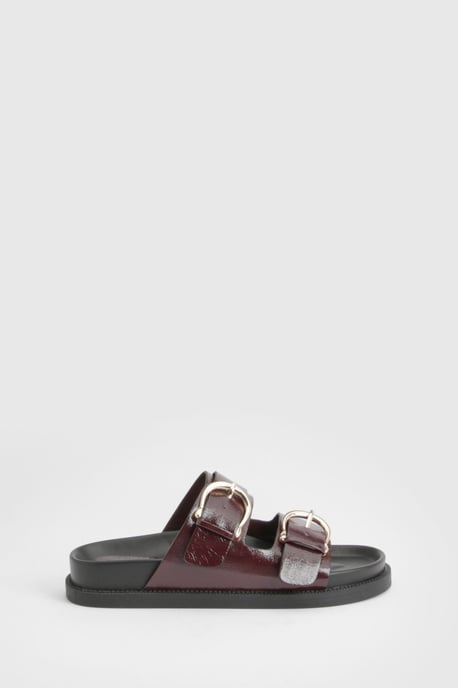 Double Strap Gold Buckle Detail PU Sliders - Image 3
