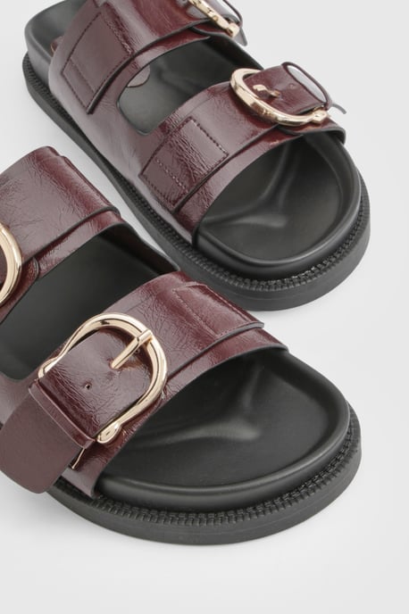 Double Strap Gold Buckle Detail PU Sliders - Image 5