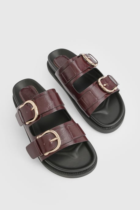 Double Strap Gold Buckle Detail PU Sliders - Image 6