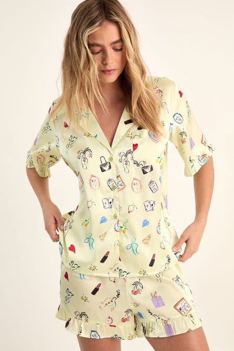 Conversational Print Satin Ruffle Shorts Pajama Set - Image 3