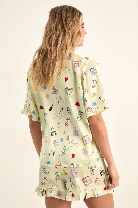 Conversational Print Satin Ruffle Shorts Pajama Set - Image 4