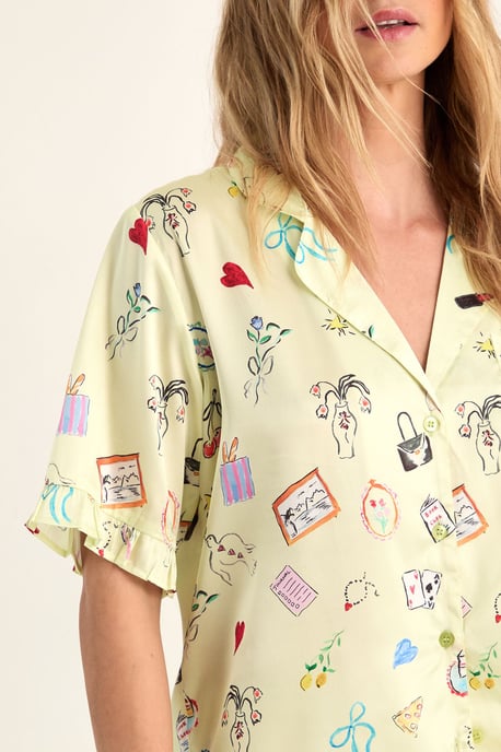 Conversational Print Satin Ruffle Shorts Pajama Set - Image 5