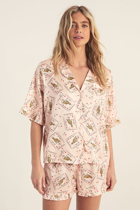 Card Print Ruffle Shirt And Shorts Pajama Set - Image 3