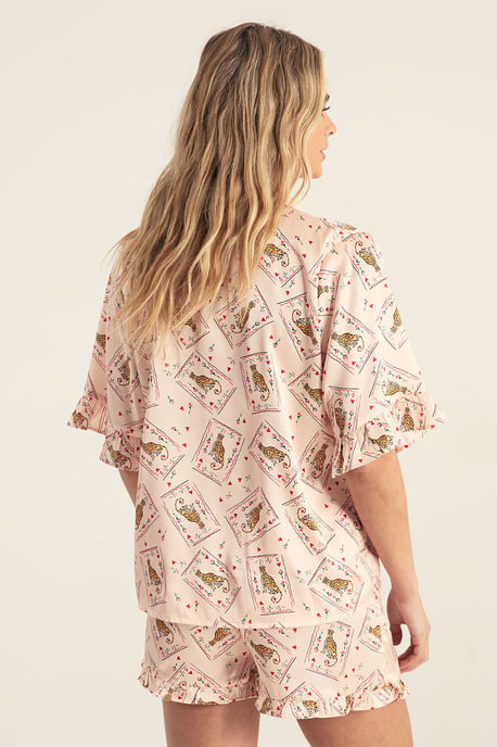 Card Print Ruffle Shirt And Shorts Pajama Set - Image 4