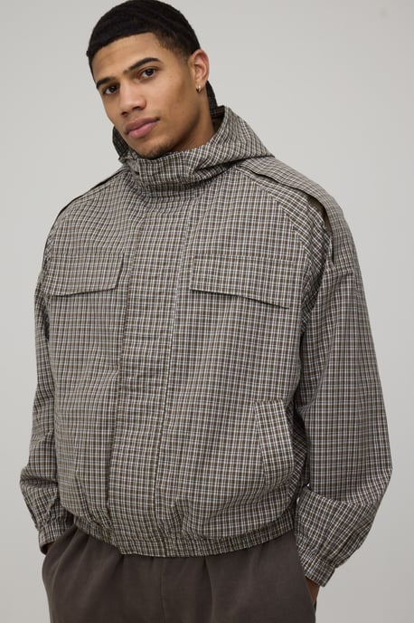 Oversized Boxy Check Funnel Hood Cagoule - Image 1