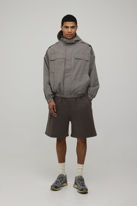 Oversized Boxy Check Funnel Hood Cagoule - Image 4