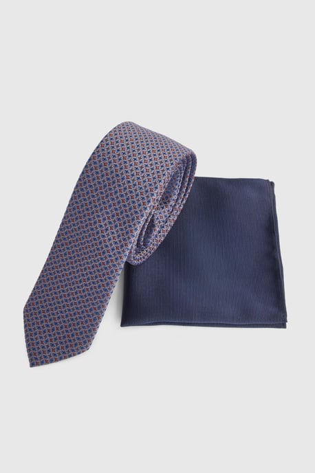 Navy Foulard Tie and Pocket Square - Image 1