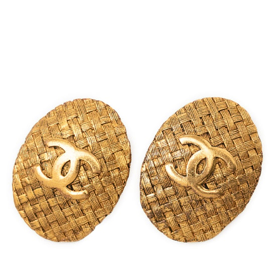 Pre-owned Cc Gold Plated Woven Oval Clip On Earrings - Image 1