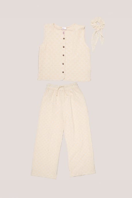 Textured Top, Wide Leg Trouser and Scrunchie Outfit Set - Image 1