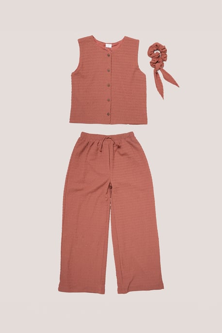 Textured Top, Wide Leg Trouser and Scrunchie Outfit Set - Image 1