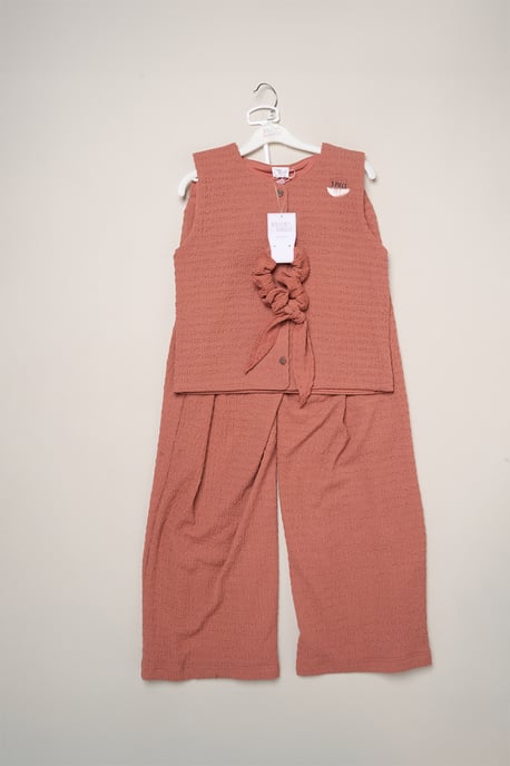 Textured Top, Wide Leg Trouser and Scrunchie Outfit Set - Image 2