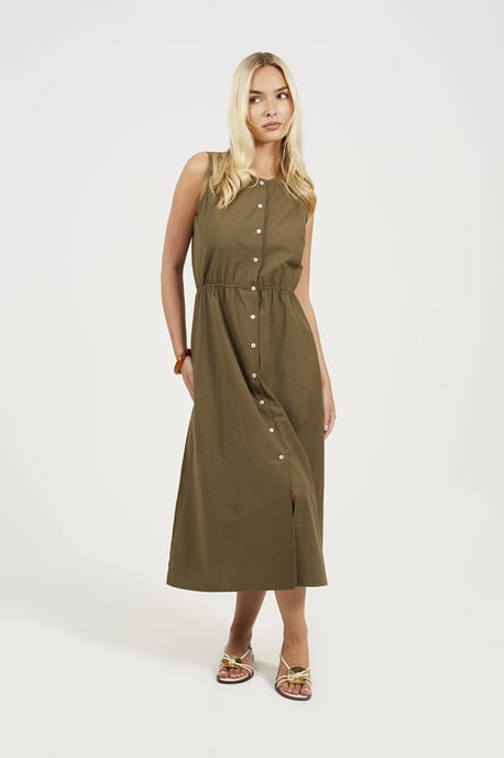 Khaki Sleeveless Button Down Midi Dress - Image 1