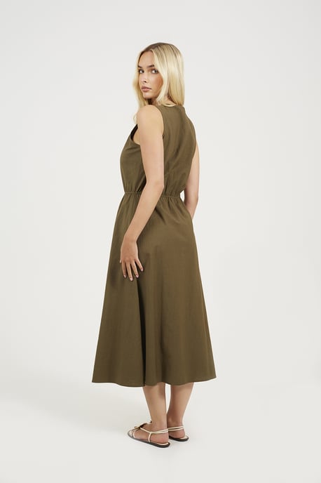 Khaki Sleeveless Button Down Midi Dress - Image 2