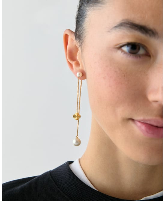 Spade Flower Pearl Chain Linear Earrings - Image 2