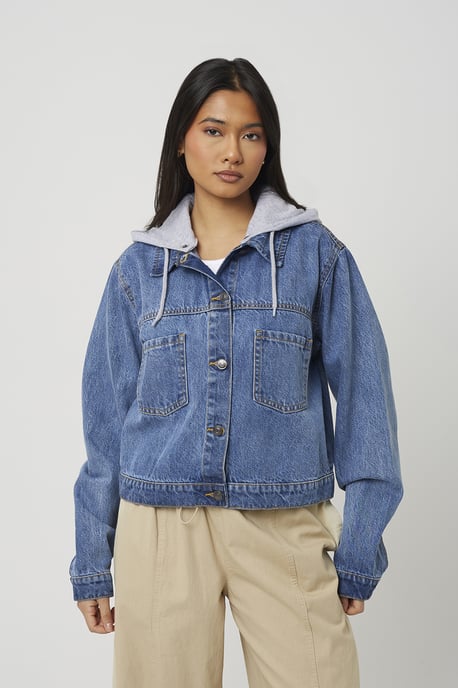 Light Blue Denim Jacket With Detachable Jersey Hood - Image 1