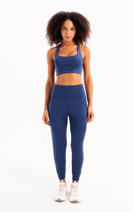 High Waist Elastic Pocket Relaxed Cut Slimming Jogger Navy Blue Women's Sweatpants - Beat - Image 1
