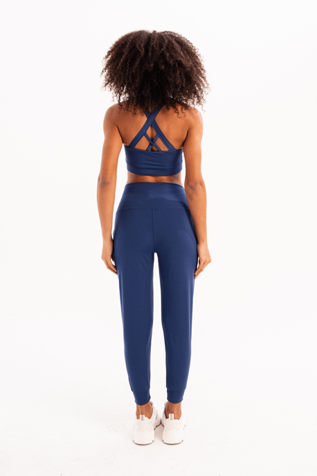 High Waist Elastic Pocket Relaxed Cut Slimming Jogger Navy Blue Women's Sweatpants - Beat - Image 3