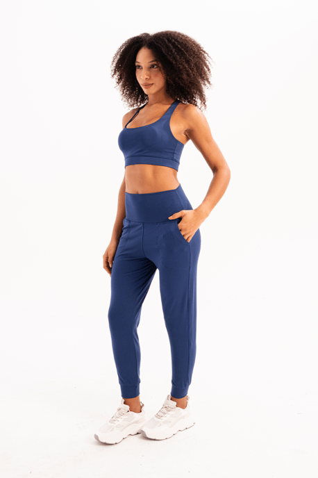 High Waist Elastic Pocket Relaxed Cut Slimming Jogger Navy Blue Women's Sweatpants - Beat - Image 4