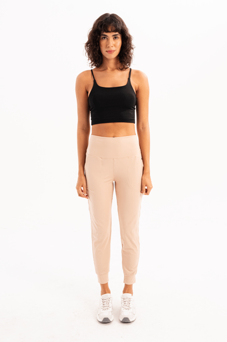 JUSTEVER Joggerbroek voor dames met hoge taille, elastische zakken en relaxte pasvorm, beige - Beat - Image 1