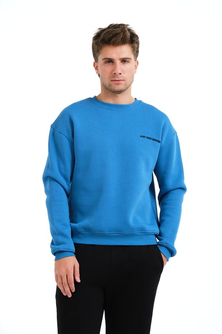 JUSTEVER Crew Neck Geborduurd Opgestikt Polar Fleece Binnenkant Blauw Heren Sweatshirt - Volar - Image 1