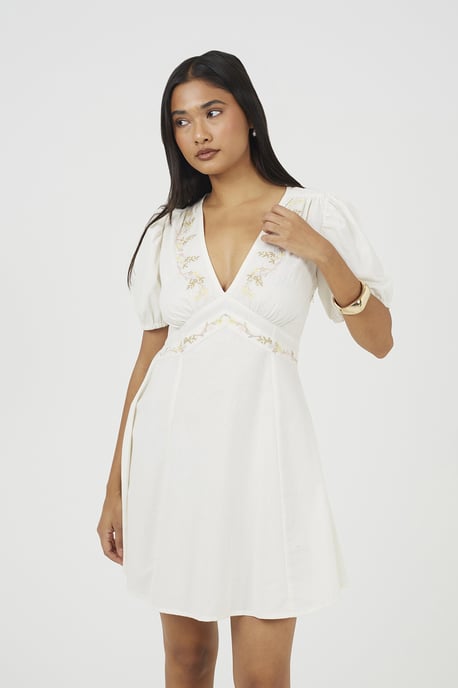 Cream Puff Sleeve Mini Dress With Floral Embroidery - Image 1
